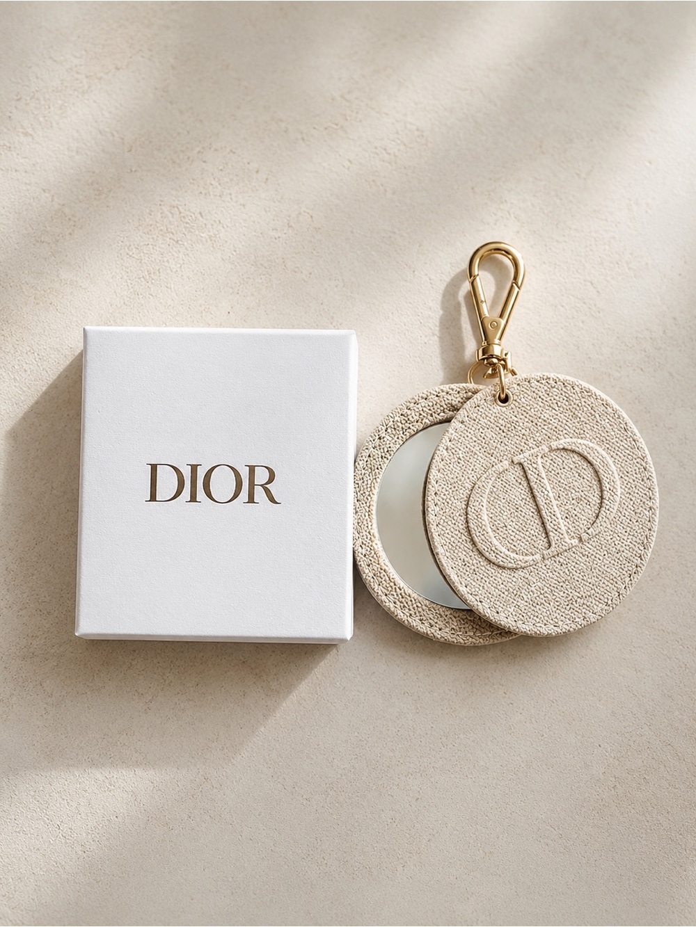 Dior Beige Linen Round Mirror Keychain Bag  Charm Gold Clasp New In Box VIP/GWP